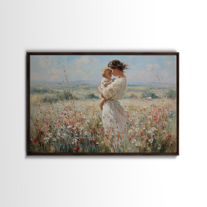Mother And Child In Breezy Wildflower Field Canvas Print, Impressionist Wall Art, Nursery Decor, Baby Shower Gift For Mom
