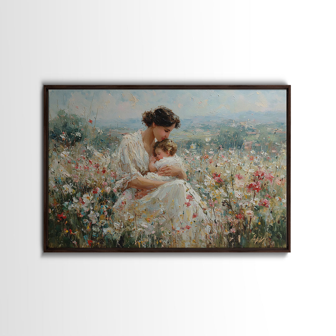 Mother Nursing Baby In Wildflower Meadow Wall Art, Impressionist Oil Painting, Christian Nursery Decor, Gift For New Mom