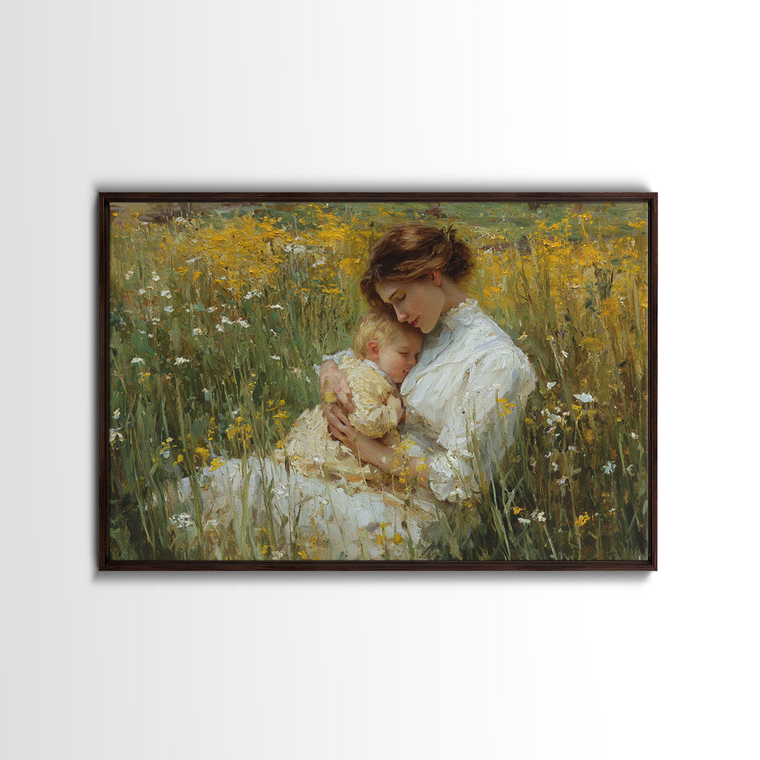 Mother And Sleeping Child In Yellow Wildflowers Canvas Print, Impressionist Wall Art, Floral Nursery Decor, Gift For Mom
