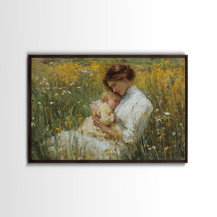Mother And Sleeping Child In Yellow Wildflowers Canvas Print, Impressionist Wall Art, Floral Nursery Decor, Gift For Mom