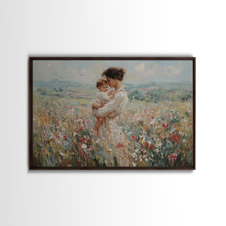 Mother Holding Baby In Mountain Wildflower Field Wall Art, Impressionist Canvas Print, Nursery Decor, Mothers Day Gift For Mom