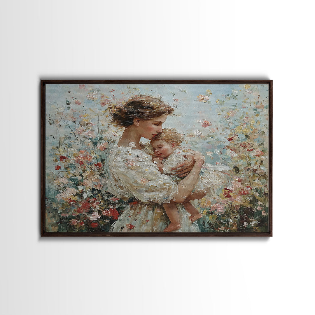 Tender Mother And Sleeping Baby In Floral Breeze Framed Canvas Print, Impressionist Wall Art, Nursery Decor, Gift For Mom