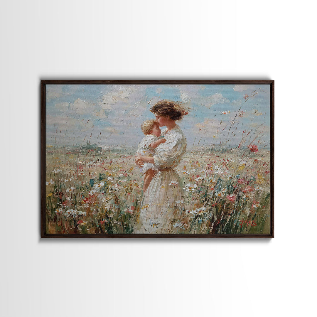 Mother Kissing Baby In Sunny Wildflower Field Wall Art, Impressionist Floral Canvas Print, Nursery Decor, Gift For Mom, Home Decor