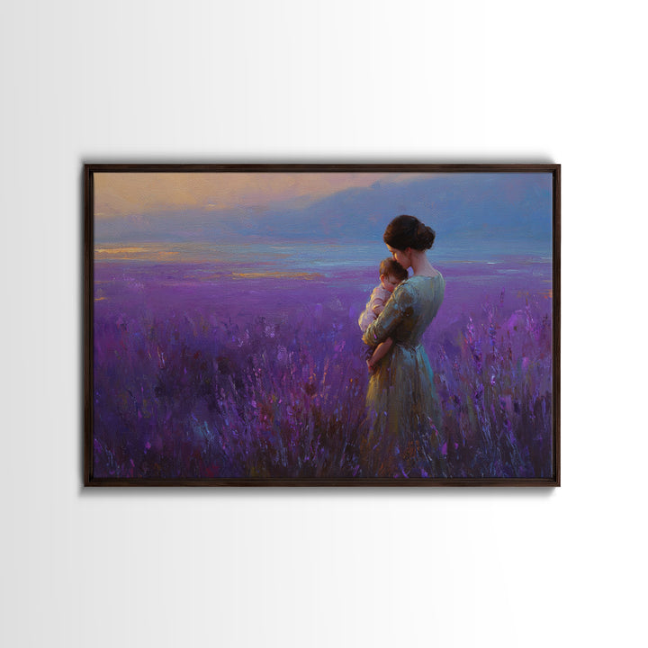 Mother And Baby In Lavender Sunset Field Wall Art, Impressionist Landscape Canvas Print, Purple Bedroom Decor, Gift For Her
