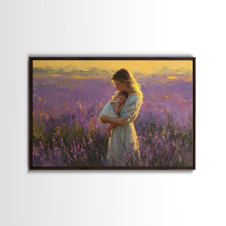 Mother And Baby In Lavender Sunset Wall Art, Impressionist Oil Painting Print, Feminine Nursery Decor, Gift For Mom, Mothers Day Gift