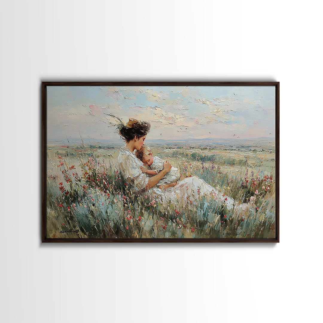 Mother Cradling Baby In Wildflower Meadow Wall Art, Impressionist Oil Painting Print, Nursery Wall Decor, Gift For Mom, Mothers Day Gift