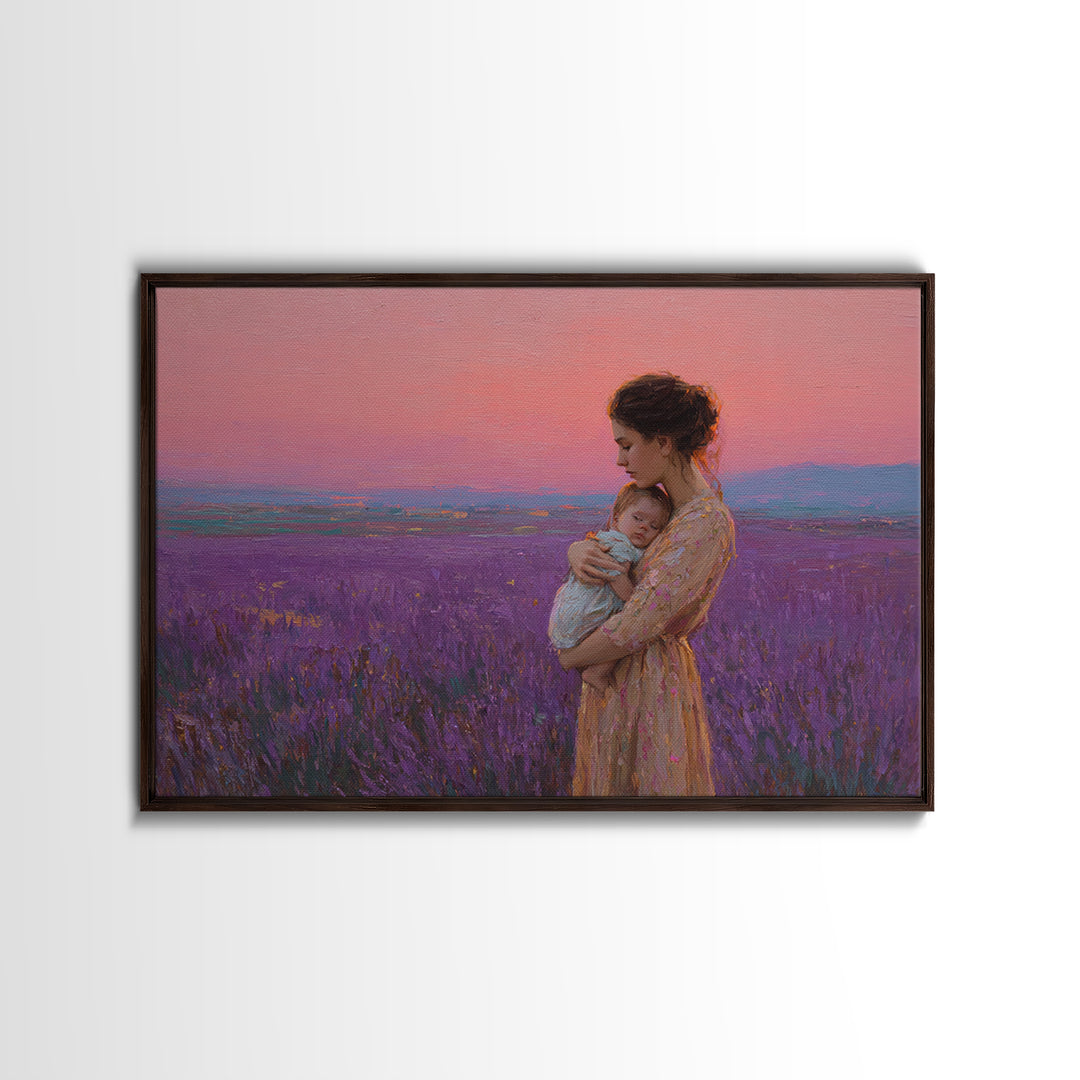 Mother And Baby In Pink Lavender Field Framed Canvas Print, Romantic Nursery Wall Art, Impressionist Landscape, Gift For Mom