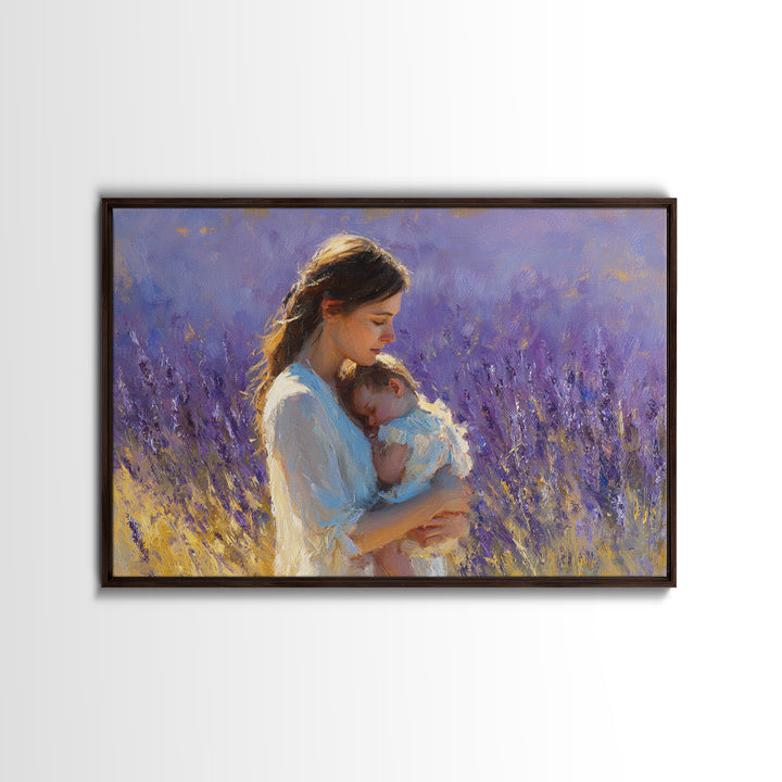 Tender Mother And Sleeping Baby Lavender Wall Art, Impressionist Oil Painting Print, Feminine Nursery Decor, Gift For Mom