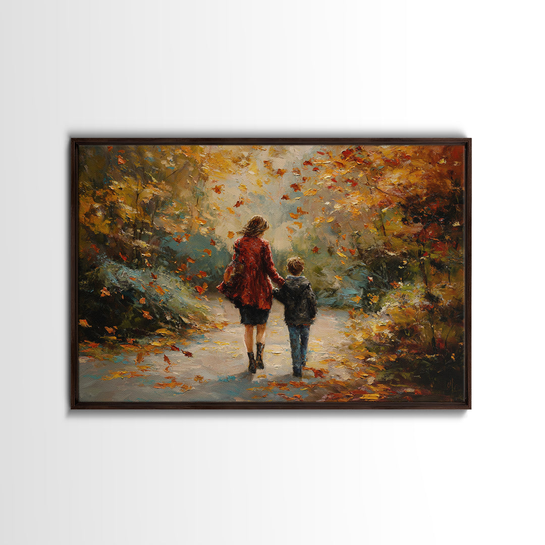 Mother And Son Walking Through Autumn Park Canvas Print, Impressionist Fall Landscape Wall Art, Cozy Home Decor, Gift For Mom