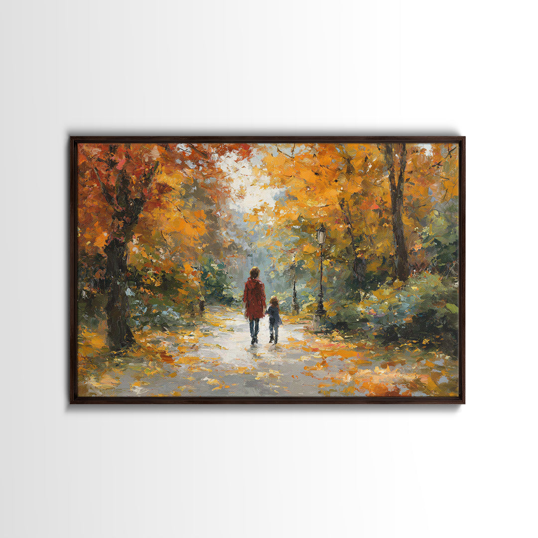 Mother And Child In Golden Autumn Park Framed Canvas Print, Impressionist Fall Landscape Wall Art, Cozy Living Room Decor