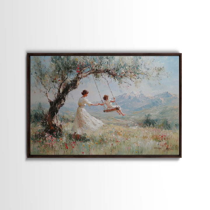 Mother Pushing Child On Meadow Swing Wall Art, Mountain Landscape Oil Painting Print, Whimsical Nursery Decor, Gift For Mom