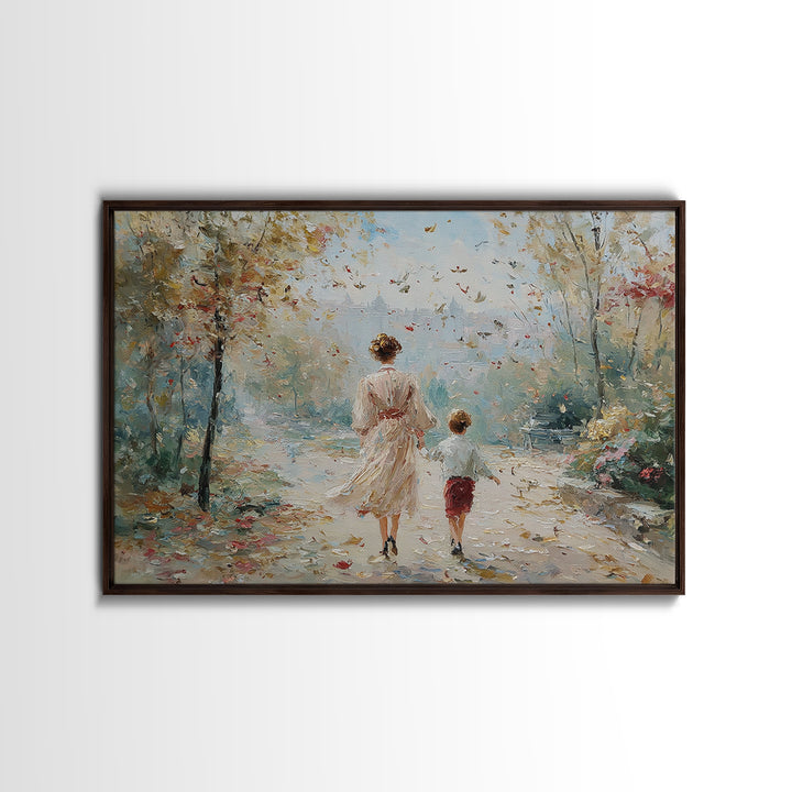 Mother And Son Garden Stroll Canvas Print, Impressionist Landscape Painting, Feminine Living Room Wall Decor, Gift For Mom