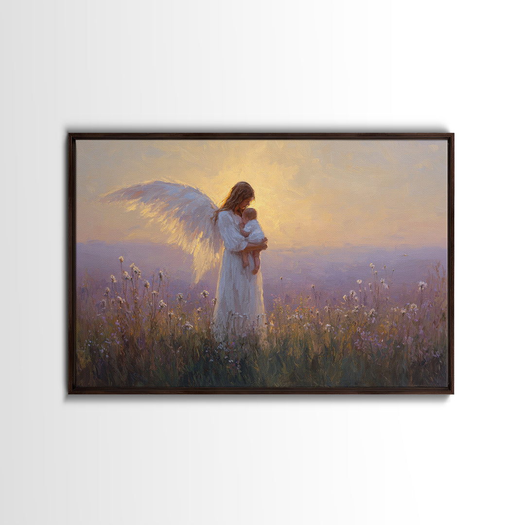 Guardian Angel Holding Baby Framed Canvas Print, Golden Meadow Oil Painting, Spiritual Nursery Decor, Christian Gift For Mom