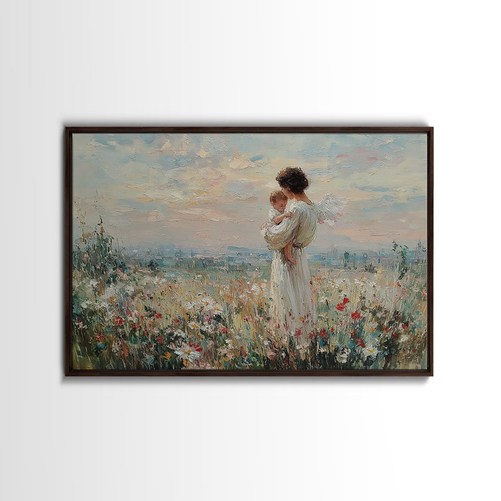 Angel Mother With Baby Wildflower Wall Art, Pastel Meadow Oil Painting Print, Spiritual Nursery Decor, Christian Gift For Mom