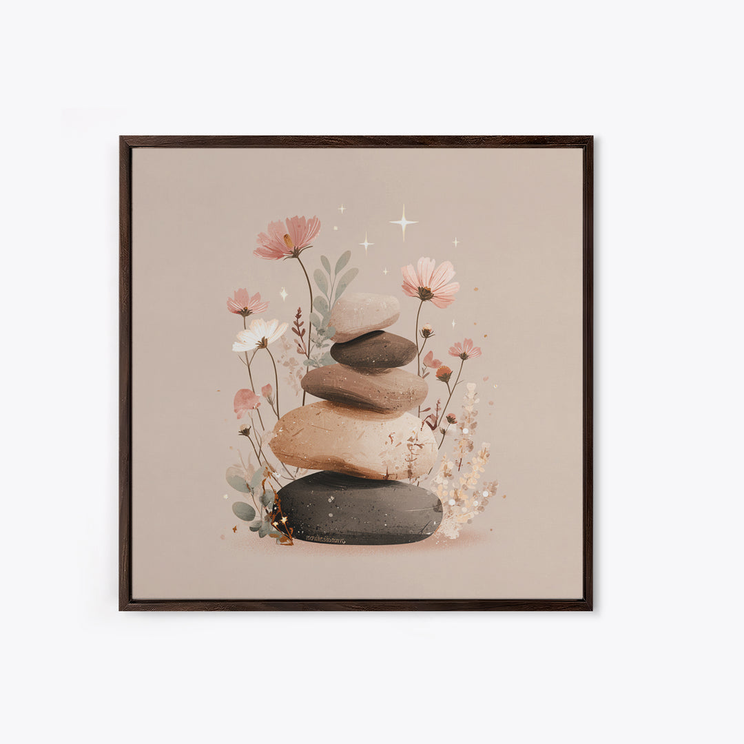 Stacked Zen Stones With Blush Flowers Wall Art, Neutral Spa Decor Canvas, Botanical Bathroom Print, Mindfulness Gift, Home Decor