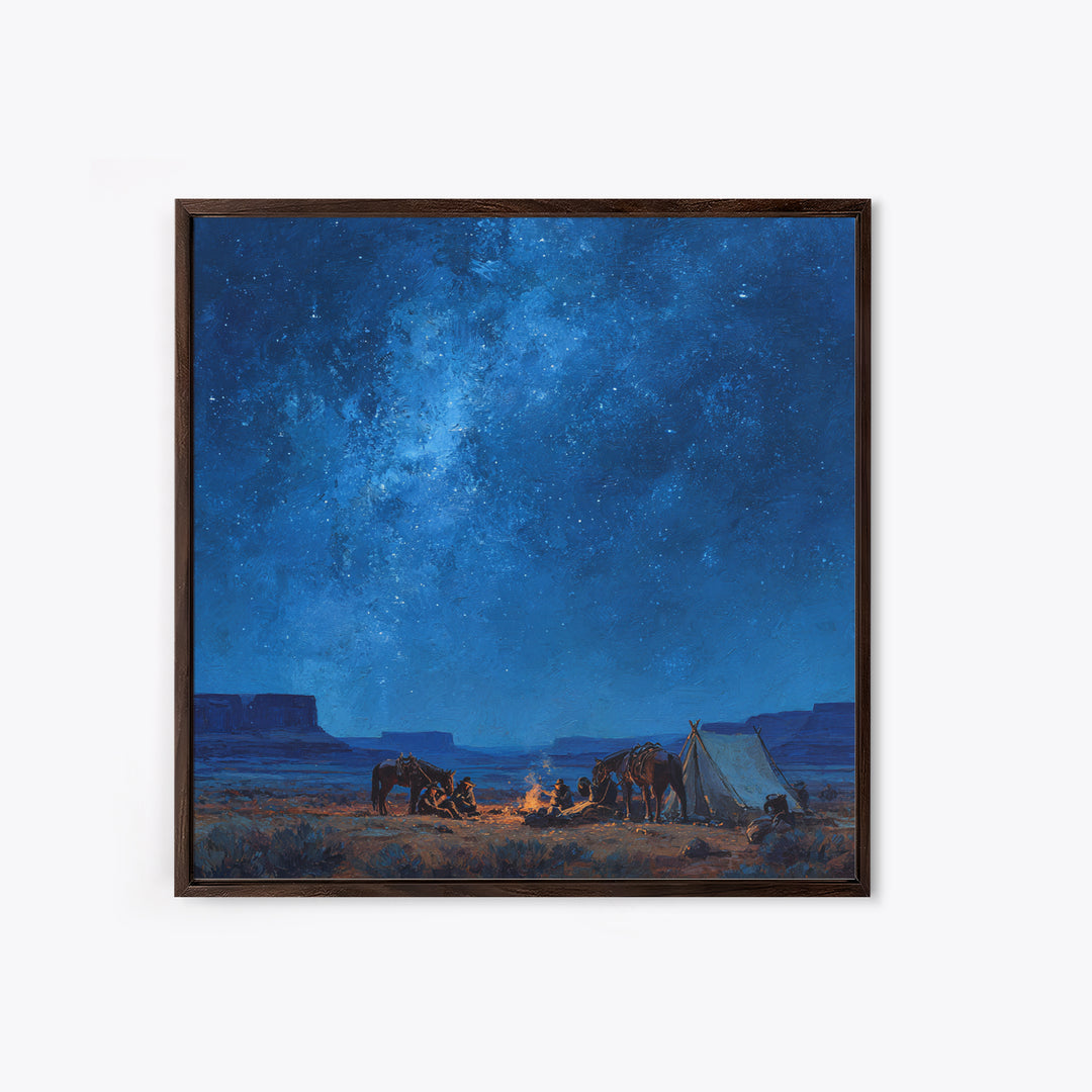 Cowboys Around Campfire Under Milky Way Wall Art, Western Night Desert Painting Print, Rustic Cabin Decor Living Room Art