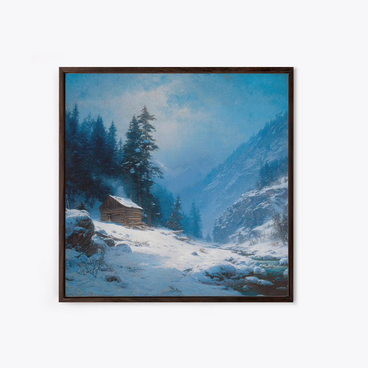 Cozy Winter Cabin In Snowy Mountain Valley Wall Art Print, Rustic Landscape Home Decor, Calming Nature Canvas Print