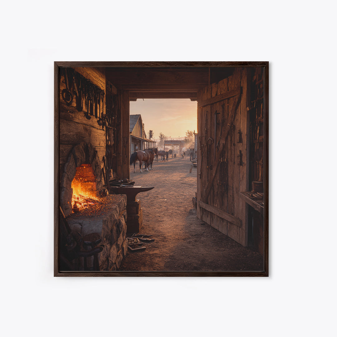 Cozy Old West Blacksmith Shop At Sunset Wall Art For Rustic Farmhouse Decor, Western Town Framed Canvas Print
