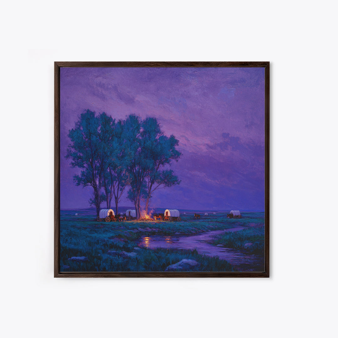 Purple Prairie Campfire Wagons Wall Art, Western Night Landscape Painting, Cozy Cabin Country Decor, Canvas Print