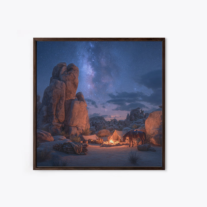 Starry Desert Campfire Wall Art, Western Night Landscape Framed Canvas Print, Cowboy Camping Art, Rustic Cabin Decor