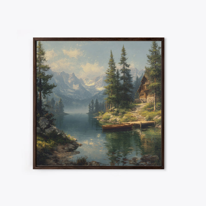 Mountain Lake Cabin Landscape Wall Art Canvas Print, Rustic Country Home Decor, Large Landscape Art, Living Room Wall Decor