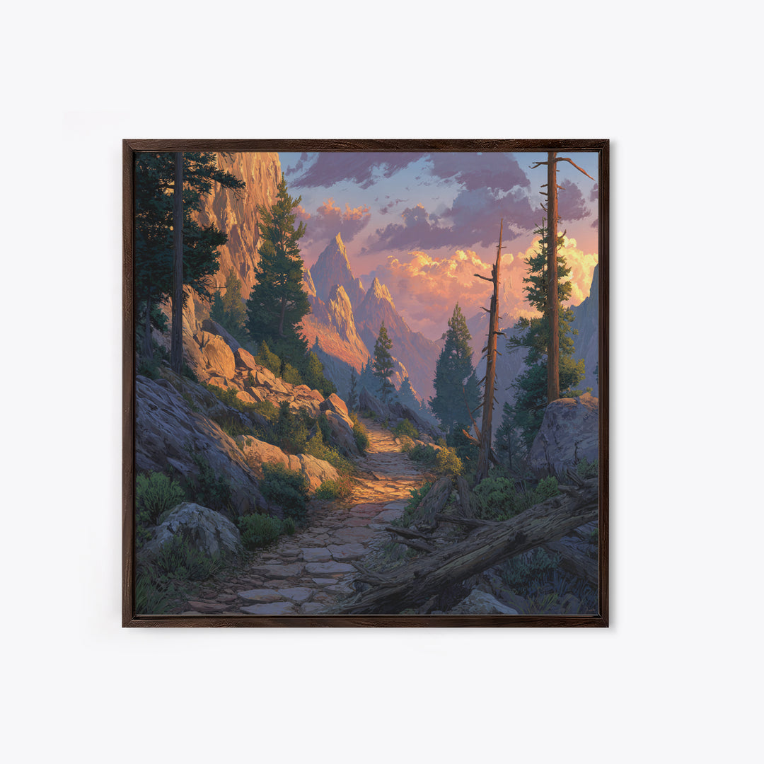 Mountain Trail At Sunset Landscape Wall Art, Scenic Hiking Path Canvas Print, Rustic Nature Home Decor For Living Room