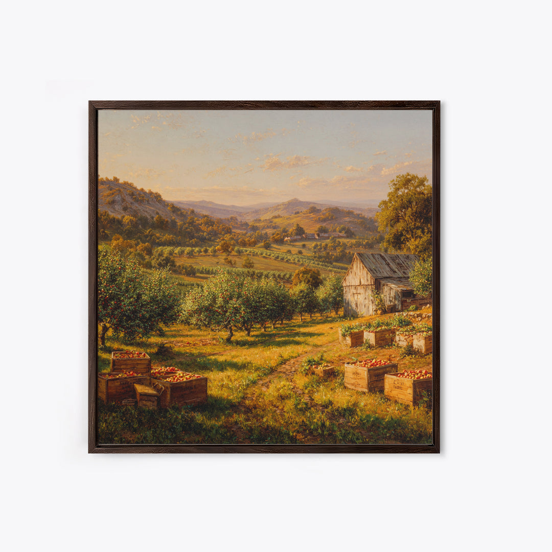 Golden Orchard Valley Landscape Painting Wall Art, Rustic Farm Harvest Print, Country Kitchen And Dining Room Decor