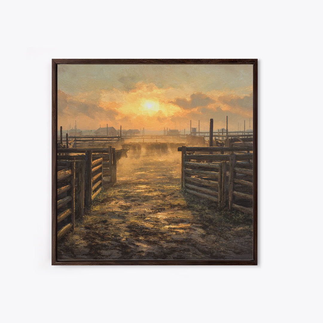 Rustic Cattle Pens Sunrise Oil Painting Wall Art, Western Farmhouse Landscape Print For Country Kitchen Or Living Room Decor