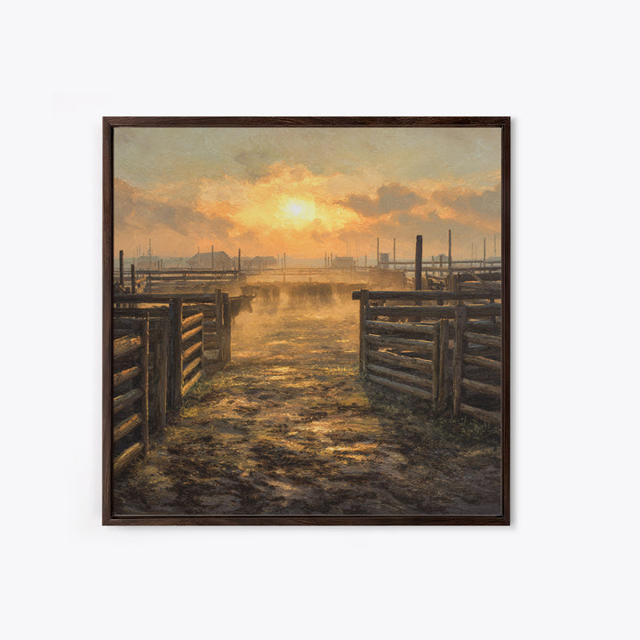 Rustic Cattle Pens Sunrise Oil Painting Wall Art, Western Farmhouse Landscape Print For Country Kitchen Or Living Room Decor