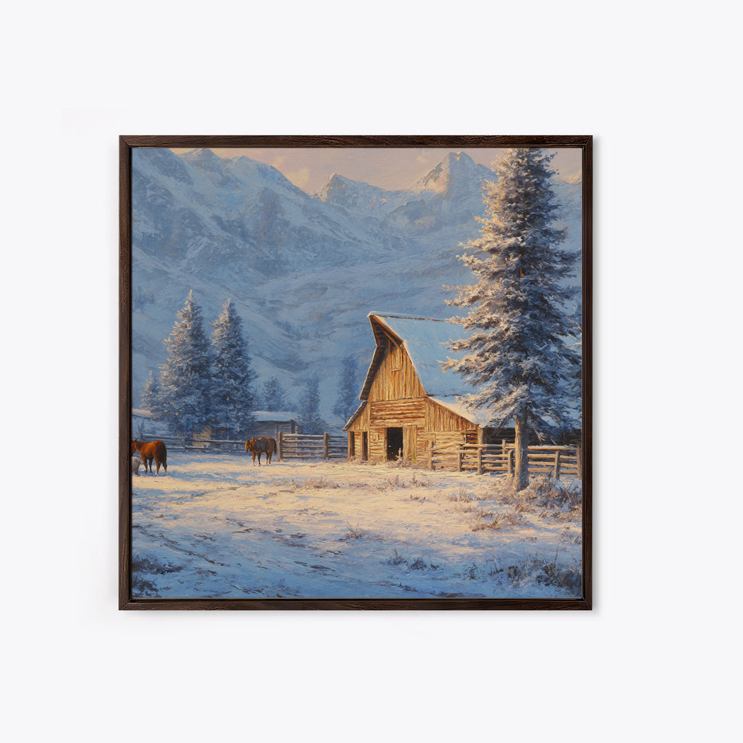 Snowy Mountain Barn Winter Wall Art, Rustic Farm Landscape Canvas Print, Cozy Cabin Decor, Country Farmhouse Living Room Wall Decor