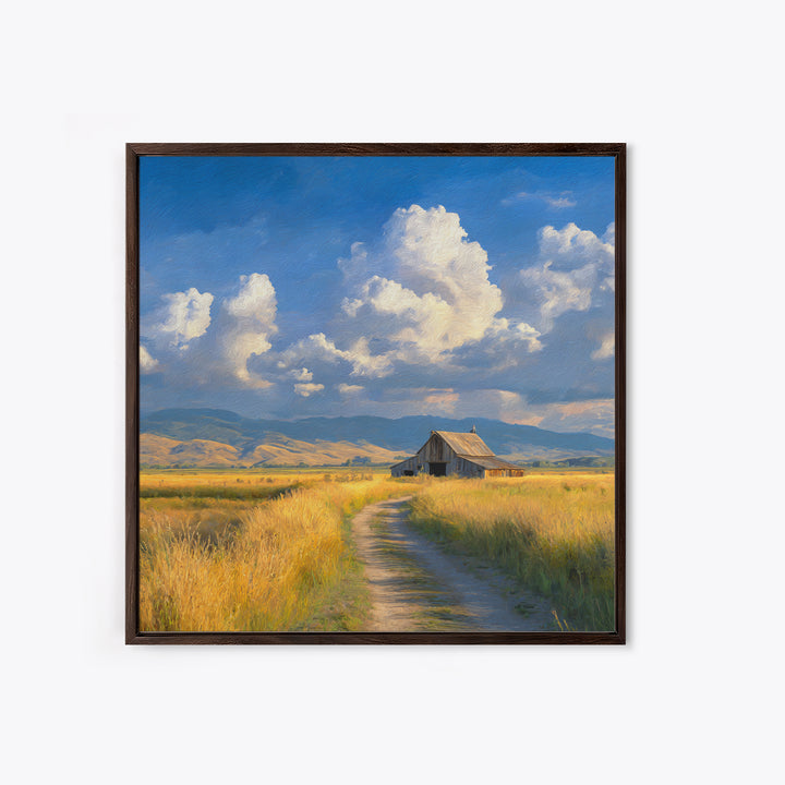 Golden Field Barn Country Landscape Wall Art, Blue Sky Farmhouse Canvas Print, Rustic Country Home Decor For Kitchen Or Living Room