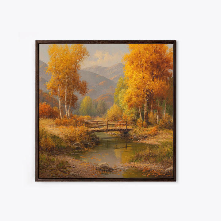 Autumn Forest Bridge Landscape Wall Art, Rustic Country Stream Canvas Print, Cozy Fall Home Decor, Living Room Wall Art