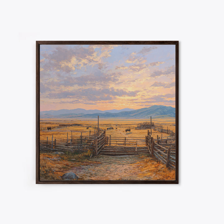 Sunset Cattle Ranch Landscape Painting Wall Art, Rustic Western Pasture Print, Country Farmhouse Living Room Decor