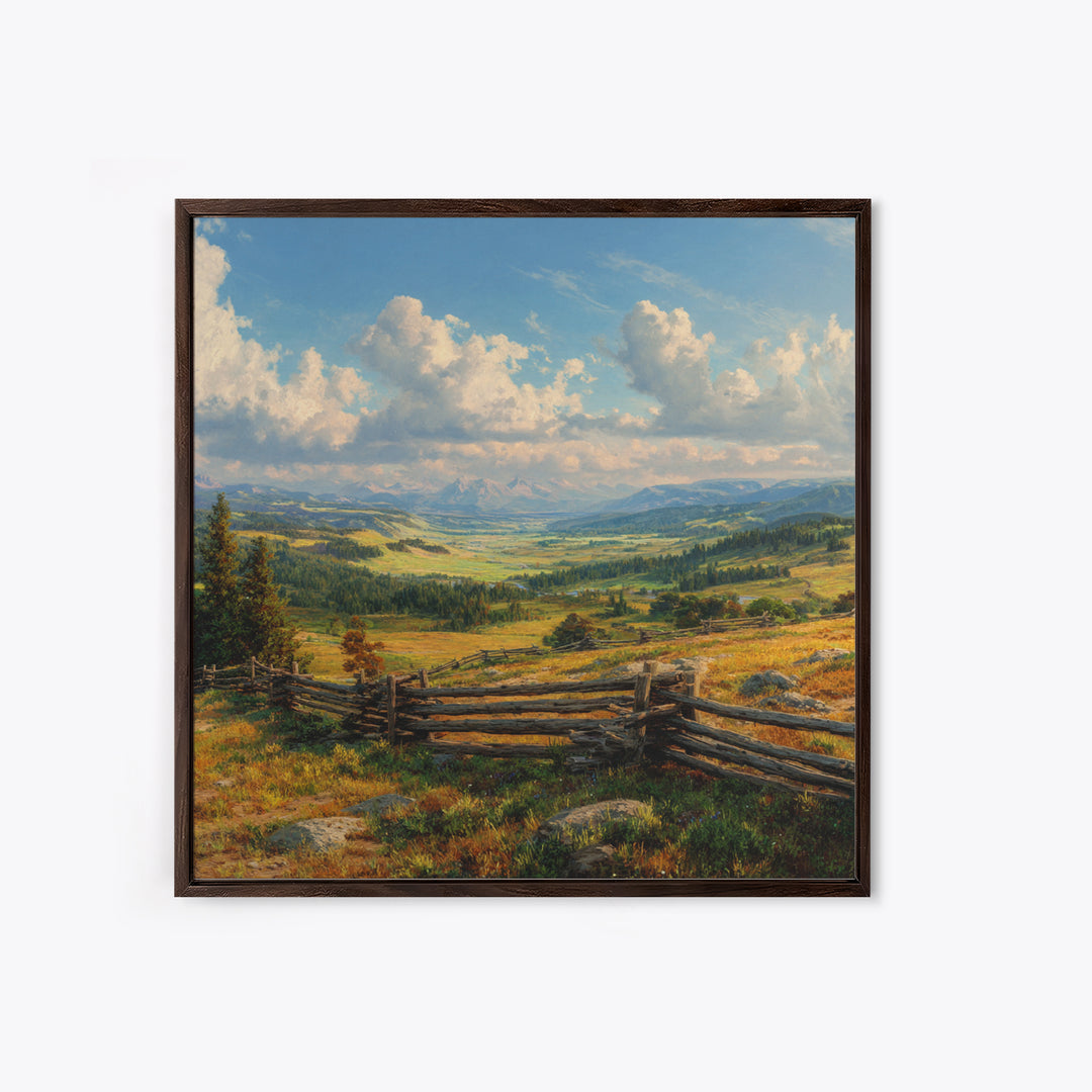 Wide Mountain Valley Landscape Wall Art, Rustic Country Canvas Print, Large Western Farmhouse Decor For Living Room