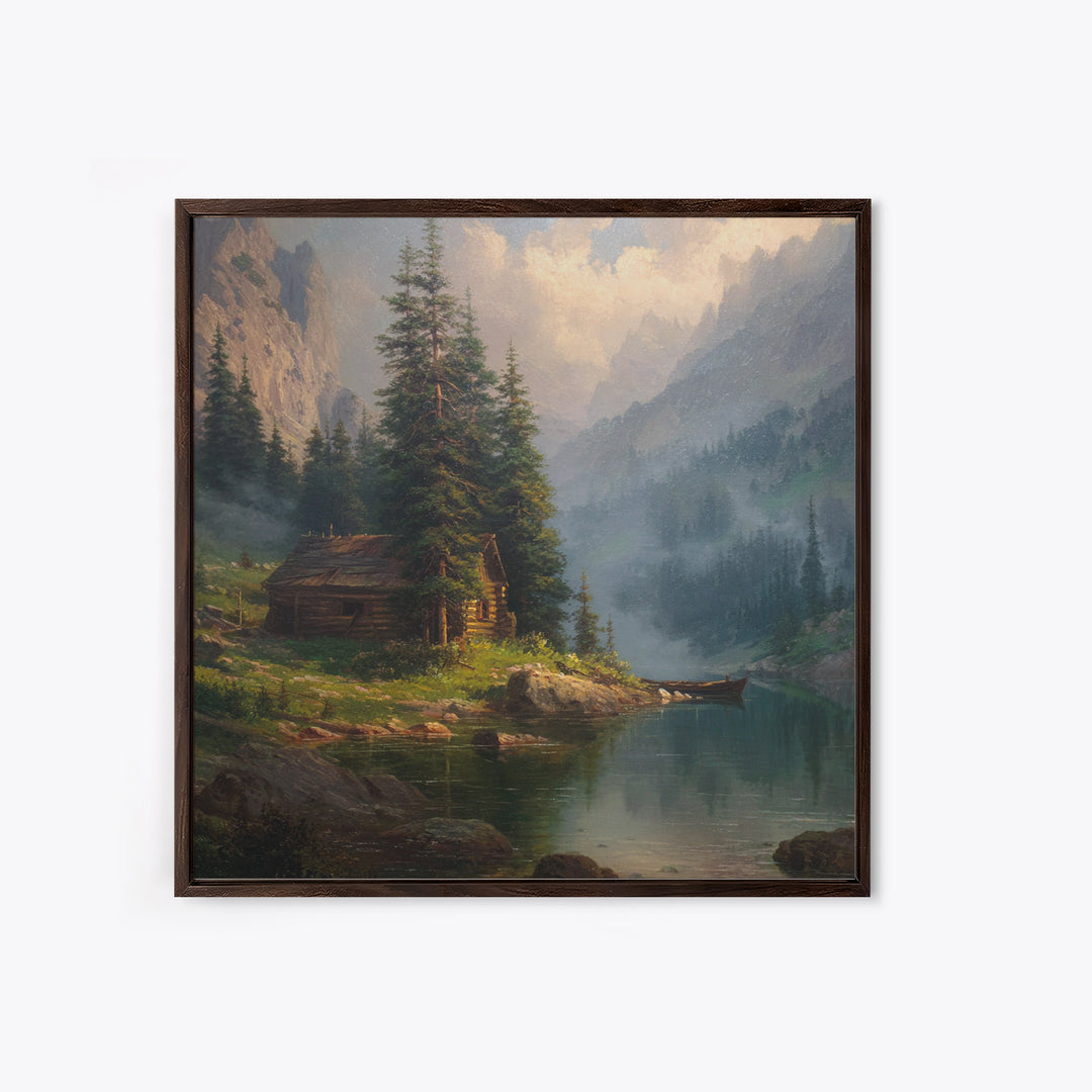 Mountain Cabin Lake Sunset Landscape Wall Art Rustic Nature Painting Home Decor Living Room Decor Canvas Print