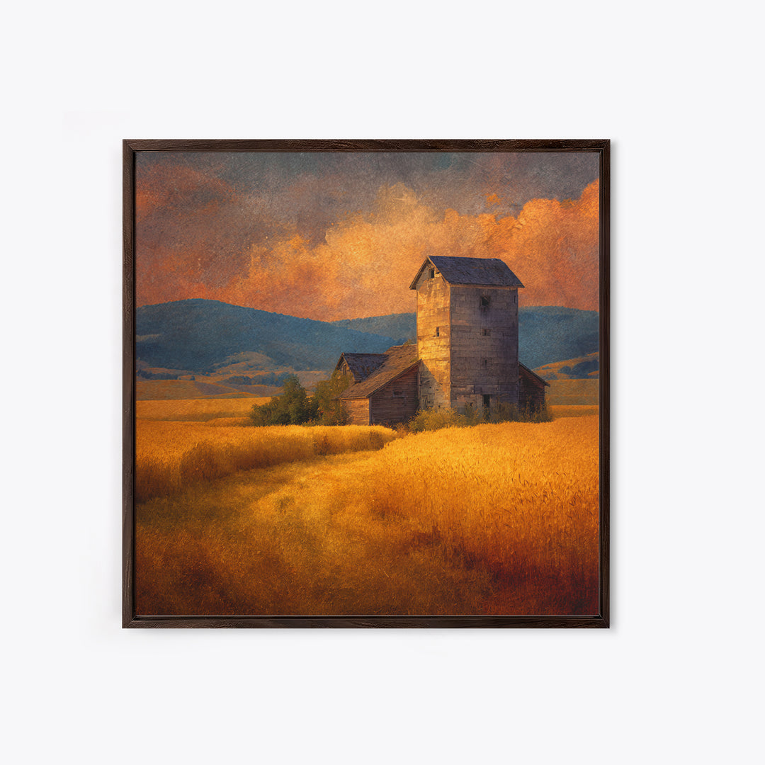 Rustic Barn In Golden Field Landscape Wall Art, Country Sunset Canvas Print, Farmhouse Home Decor Artwork