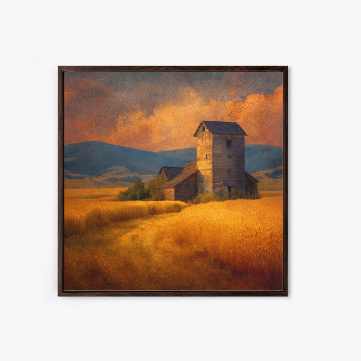 Rustic Barn In Golden Field Landscape Wall Art, Country Sunset Canvas Print, Farmhouse Home Decor Artwork