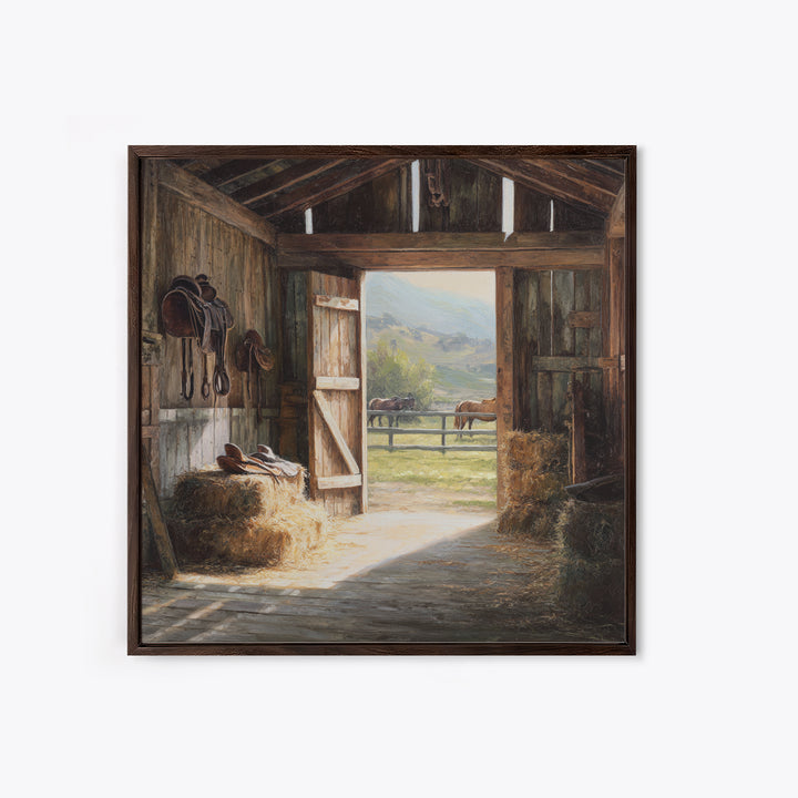 Rustic Horse Barn Interior Wall Art Country Farmhouse Decor Warm Sunlit Stable Landscape Print For Entryway Or Living Room