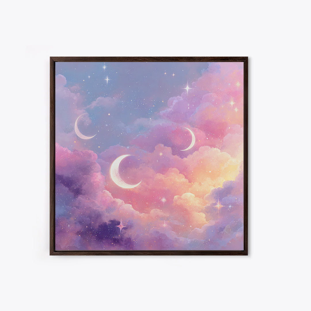 Pastel Crescent Moons In Dreamy Clouds Canvas Print, Celestial Wall Art, Whimsical Nursery Decor, Girls Room Decor, Space Art