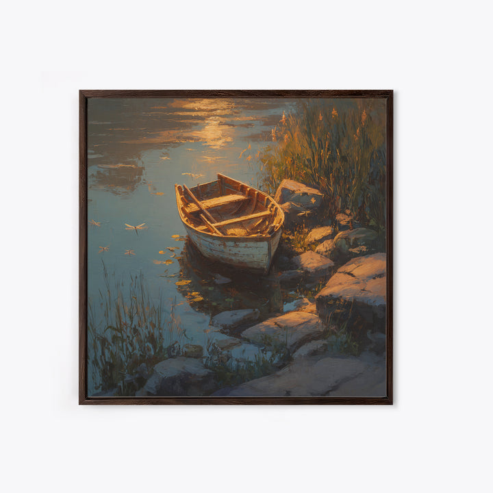 Rowboat On Golden Lake Wall Art, Tranquil Lakeside Landscape Canvas Print, Rustic Cabin Decor, Peaceful Nature Bedroom Wall Art