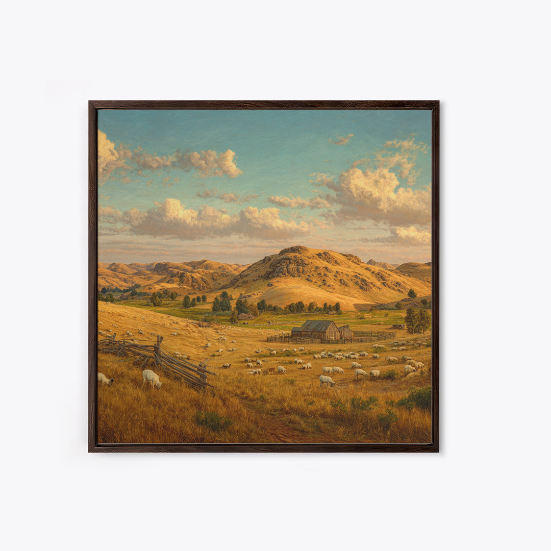 Golden Farm Landscape Wall Art, Rustic Country Pasture With Sheep, Large Wall Art Canvas Print For Farmhouse Home Decor