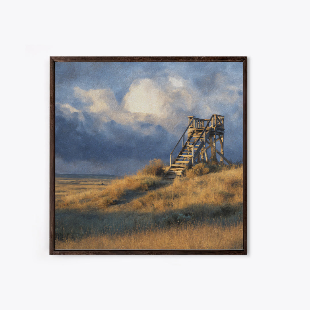 Windblown Dune Stairs Coastal Landscape Wall Art, Moody Beach House Decor Canvas Print
