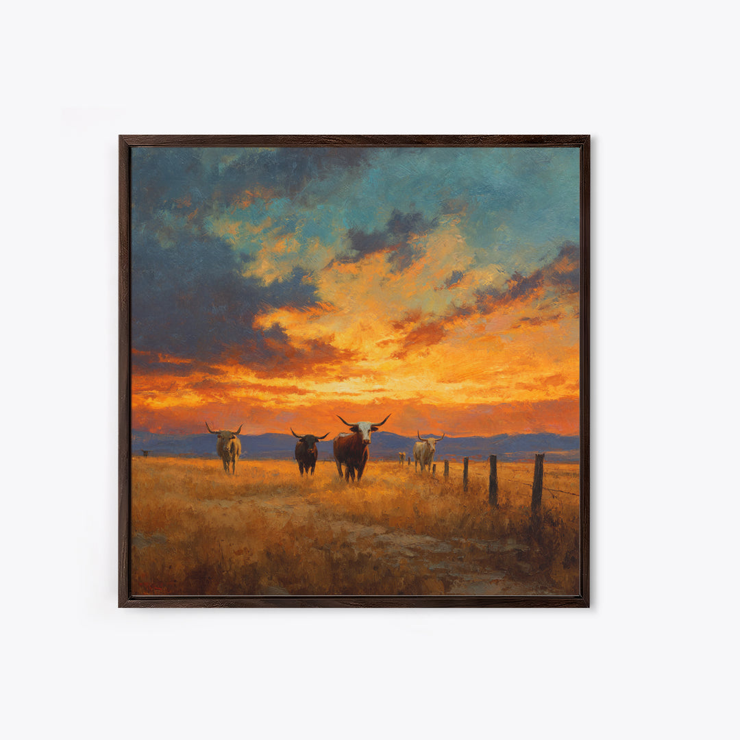 Longhorn Cattle At Sunset Western Landscape Wall Art, Rustic Ranch Canvas Print, Modern Cowboy Home Decor