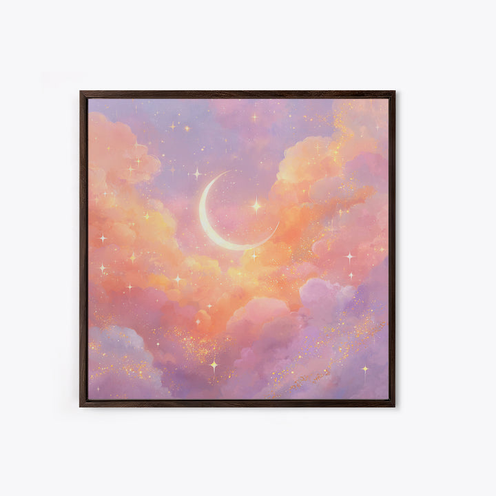 Glowing Crescent Moon Clouds Wall Art, Pastel Celestial Nursery Decor, Pink Bedroom Art, Dreamy Space Print, Girls Room Decor