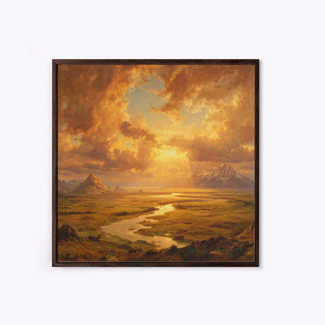 Golden Sunset River Valley Landscape Wall Art, Warm Mountain Print, Rustic Country Decor For Living Room Wall Art