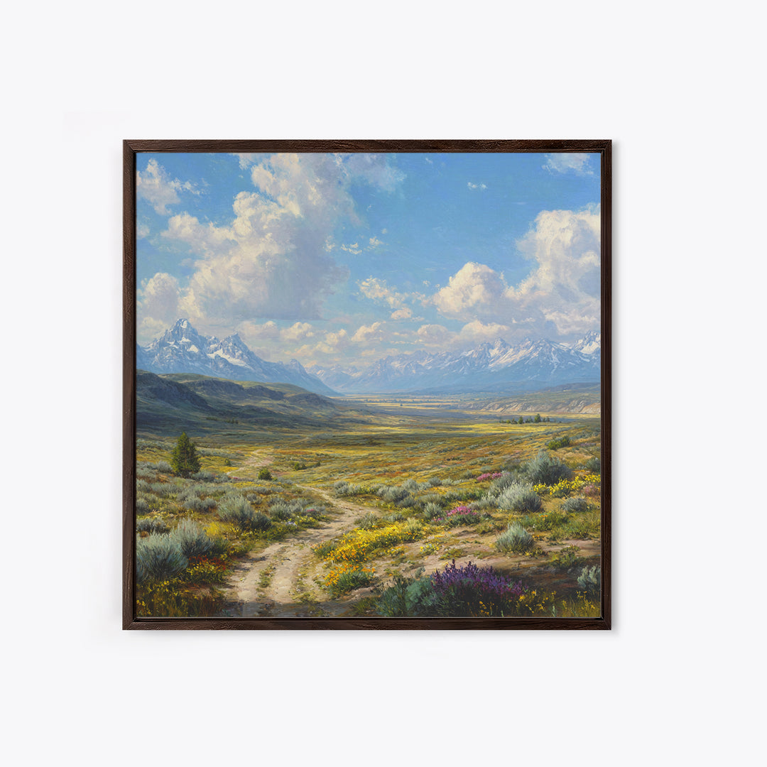 Wide Mountain Valley Wildflower Landscape Wall Art, Country Scenic Canvas Print For Rustic Farmhouse Decor