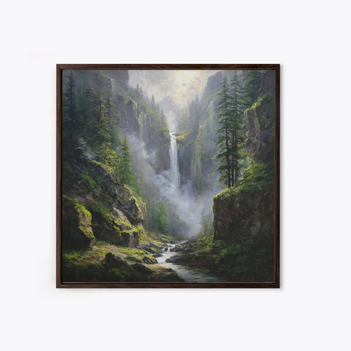 Majestic Mountain Waterfall Forest Landscape Wall Art, Serene Nature Canvas Print For Rustic Cabin Decor