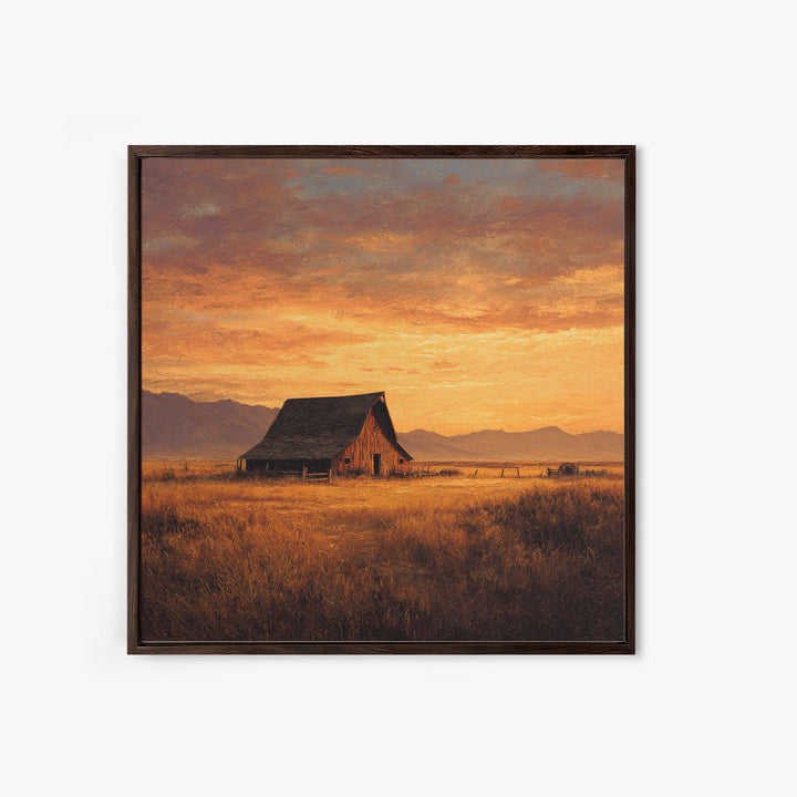 Rustic Barn At Sunset Landscape Wall Art, Country Farmhouse Painting, Warm Autumn Field Scene Large Framed Canvas Print