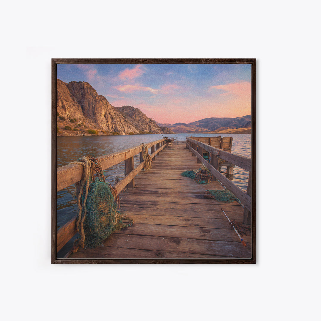 Rustic Fishing Pier At Sunset Canvas Print, Mountain Lake Landscape Wall Art, Cozy Cabin Decor For Lake House Or Living Room