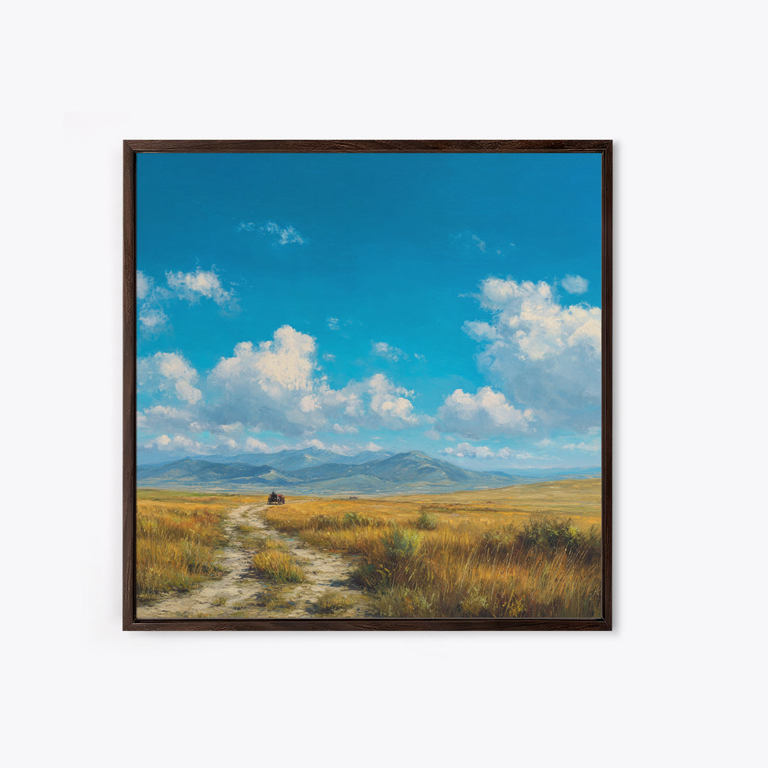 Golden Prairie Wagon Landscape Wall Art, Western Country Sunset Painting, Rustic Home Decor, Large Modern Art Print Canvas